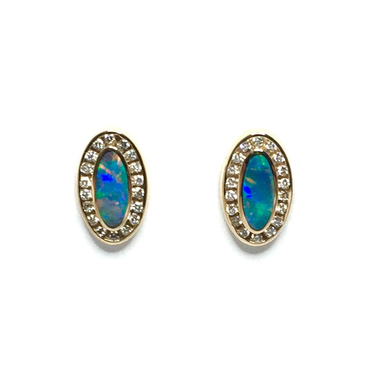 Opal Earrings Oval Inlaid Design .37ctw Round Diamonds Halo 14k Yellow Gold