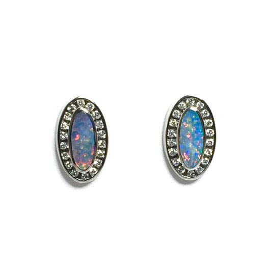 Opal Earrings Oval Inlaid .25ctw Round Diamond Halo Studs 14k White Gold