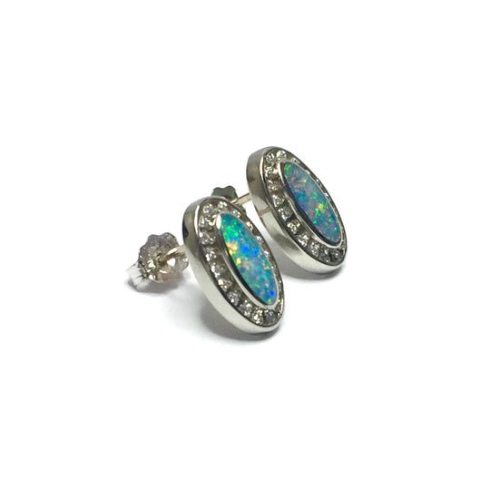 Opal Earrings Oval Inlaid .25ctw Round Diamond Halo Studs 14k White Gold