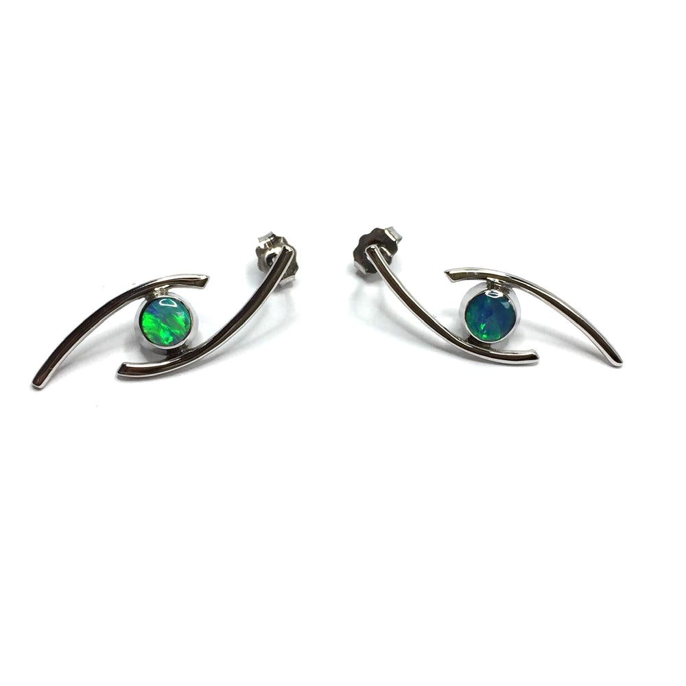 Opal Earrings Round Inlaid Double Curved Bar Design Studs 14k White Gold