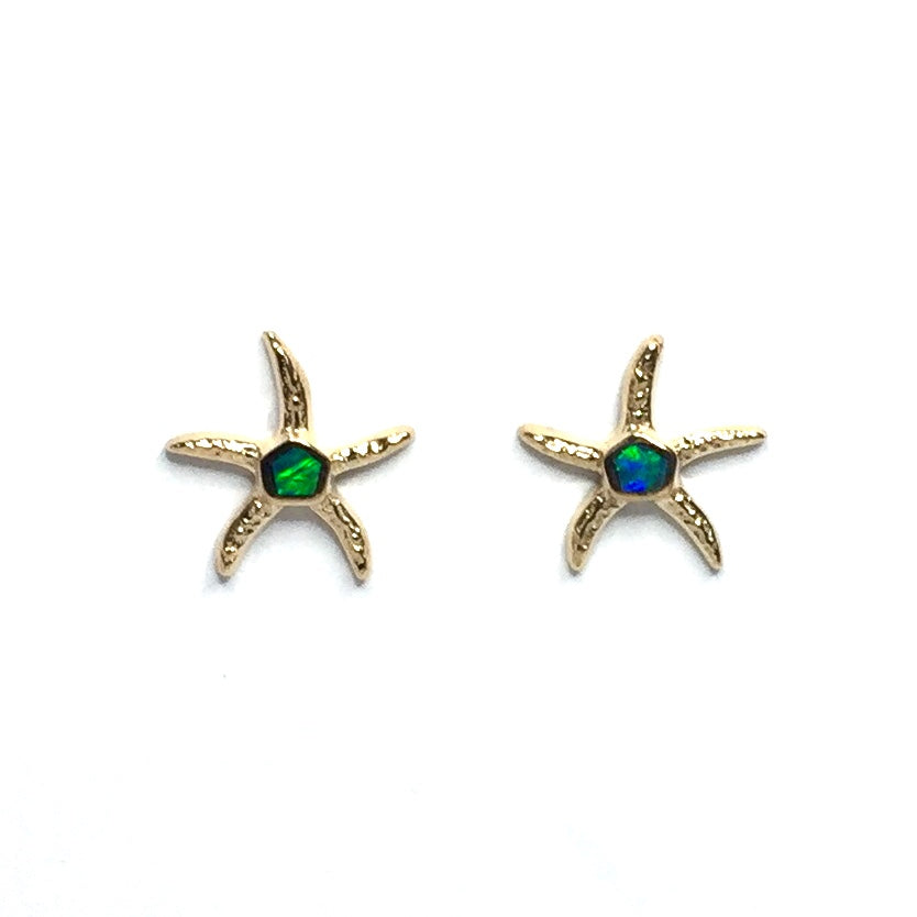Opal Earrings Inlaid Realistic Star Fish Design Studs 14k Yellow Gold