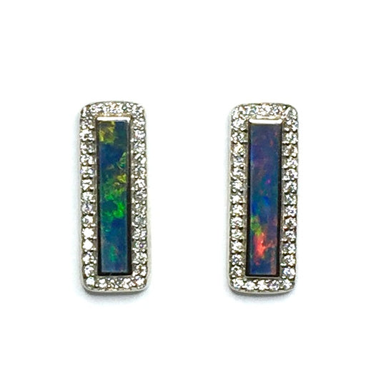 Opal Earrings Rectangle Inlaid .50ctw Round Diamond Halo Studs 14k White Gold