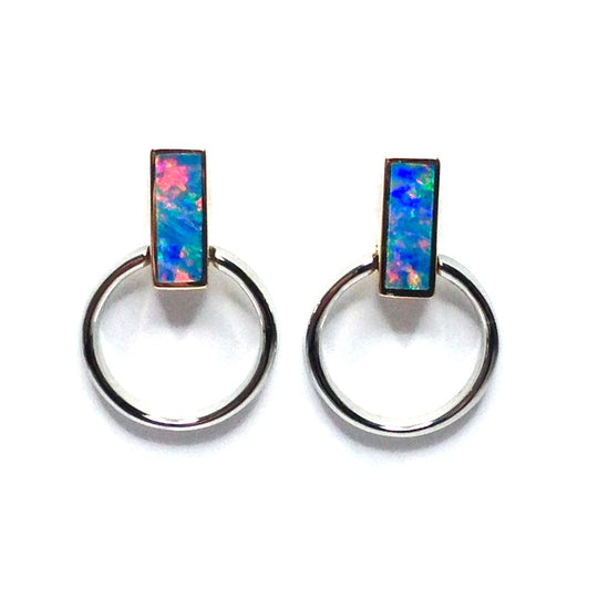 Opal Earrings Rectangle Inlaid Knocker Design Studs 14k Gold