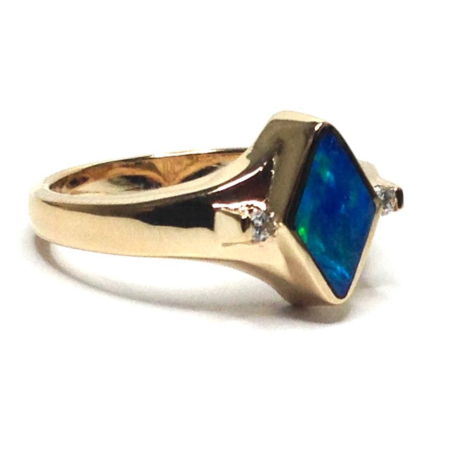 Natural Australian Opal Rings Diamond Shape Inlaid Design .05ctw Round Diamonds 14k Yellow Gold