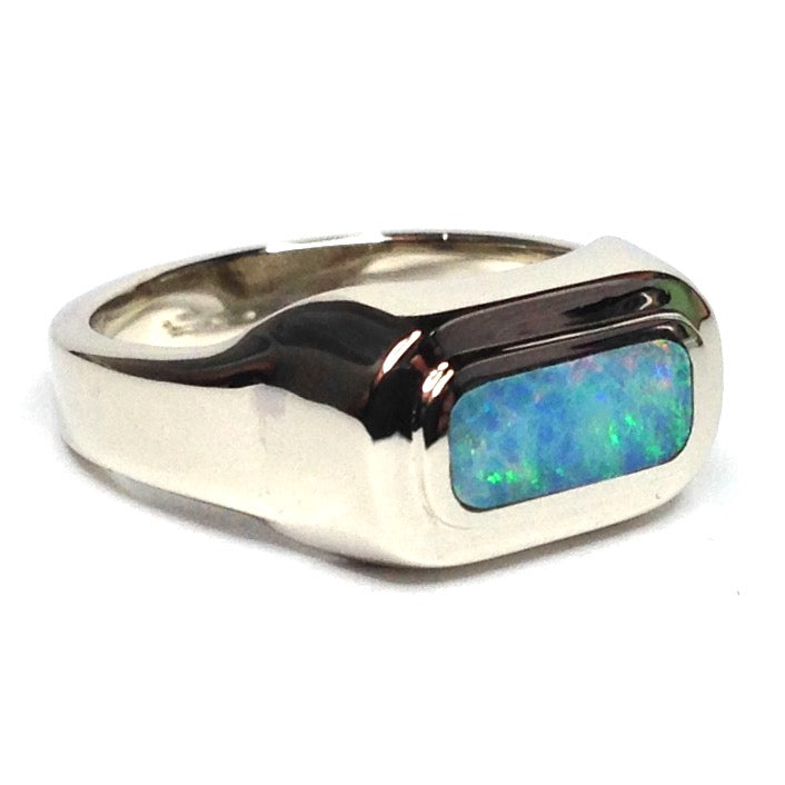 Opal Rings Oval Inlaid Design 14k White Gold