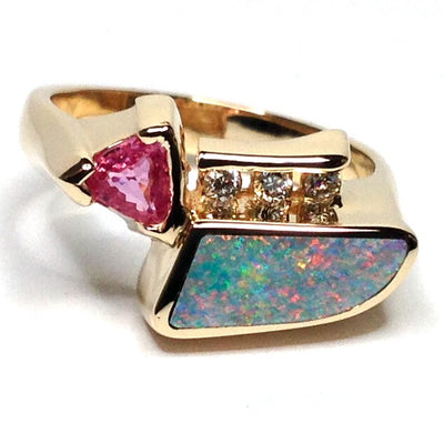 Opal Rings Geometric Inlaid with Pink Sapphire and .08ctw Diamonds