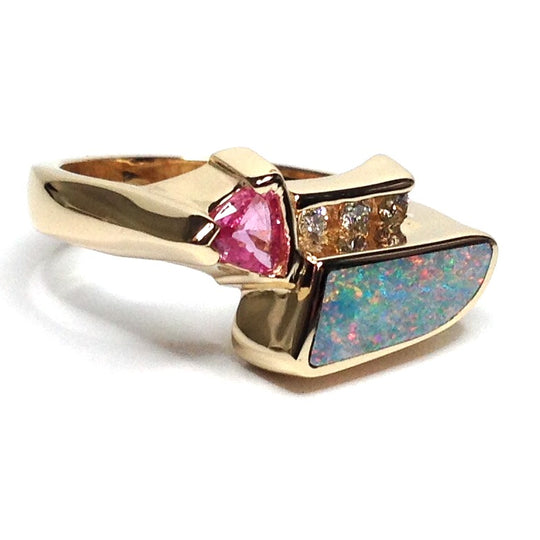Opal Rings Inlaid Design Trillion Cut Pink Sapphire .08ctw Round Diamdons 14k Yellow Gold