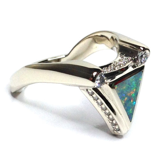 Natural Australian Opal Rings Triangle Inlaid ..31ctw Round Diamonds 14k White Gold