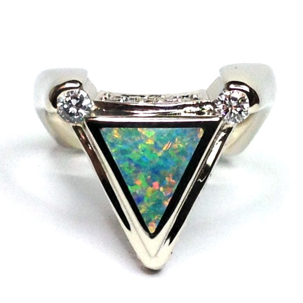 Natural Australian Opal Rings Triangle Inlaid ..31ctw Round Diamonds 14k White Gold
