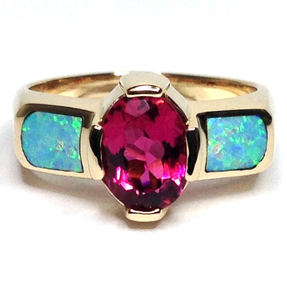 14k Yellow Gold Natural Australian Opal Rings 2 Section Inlaid Design with Oval Pink Tourmaline
