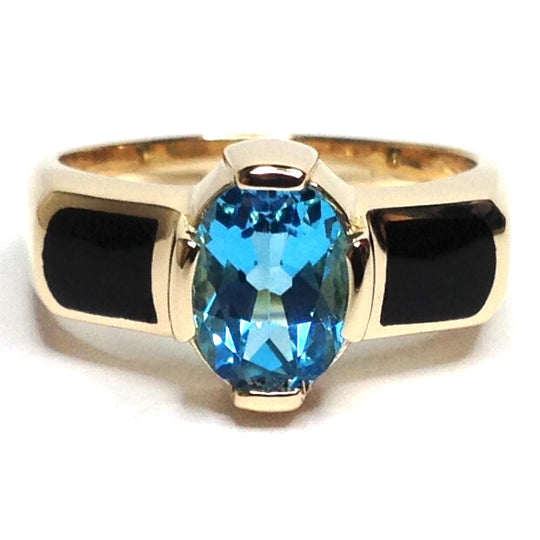 Onyx 2 Section Inlaid And Oval Swiss Blue Topaz Ring