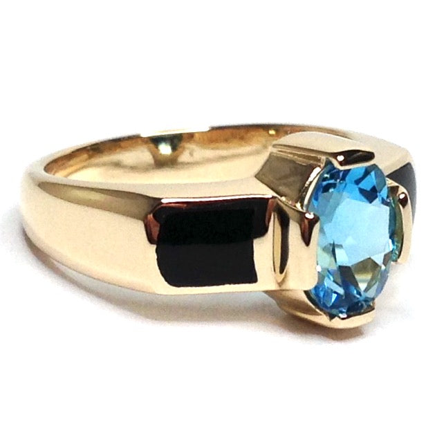 Onyx 2 Section Inlaid And Oval Swiss Blue Topaz Ring