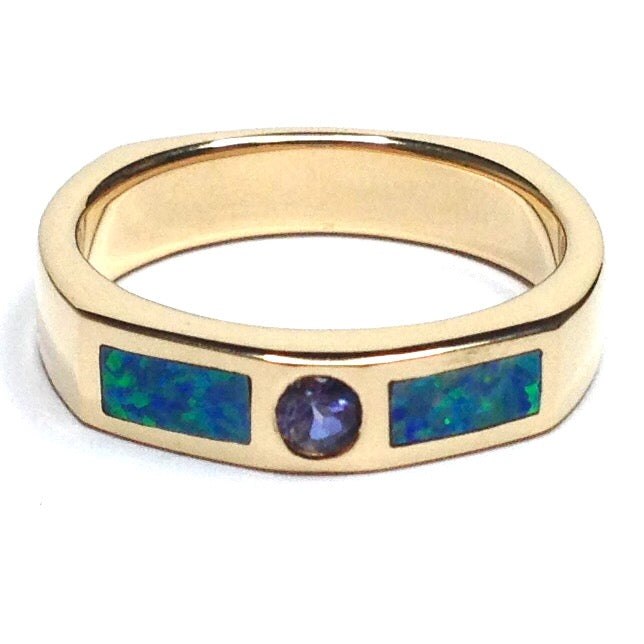 14k Yellow Gold Natural Opal Rings 2 Section Inlaid Design with Round Tanzanite Center