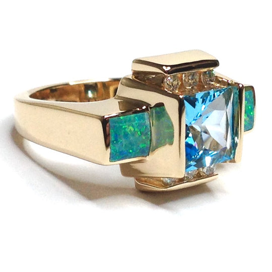Opal Rings Inlaid Sides Swiss Blue Topaz Center .24ctw Round Diamonds 14k Yellow Gold