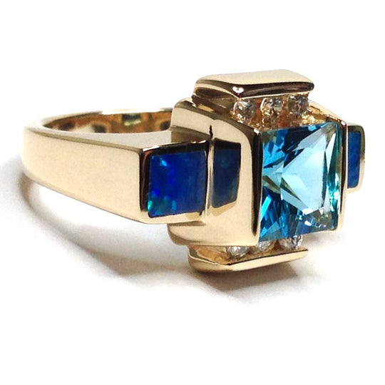 Natural Australian Opal Rings 2 Section Inlaid Swiss Blue Topaz Center .24ctw Round Diamonds 14k Yellow Gold