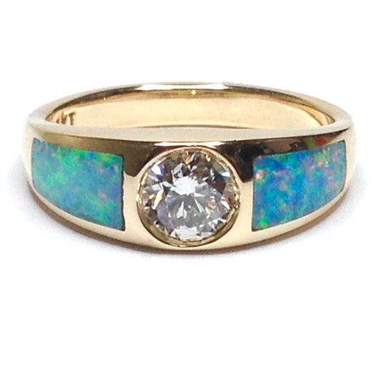 14k Yellow Gold Opal Rings 2 Section Inlaid Design with .53ct Round Diamond Center Stone