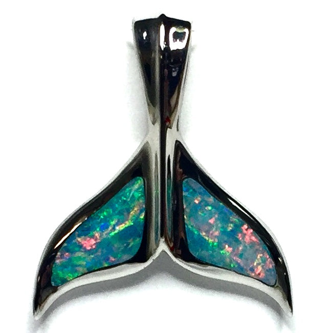 Whale Tail Necklaces natural Australian opal double side inlaid sea life pendant 14k white gold