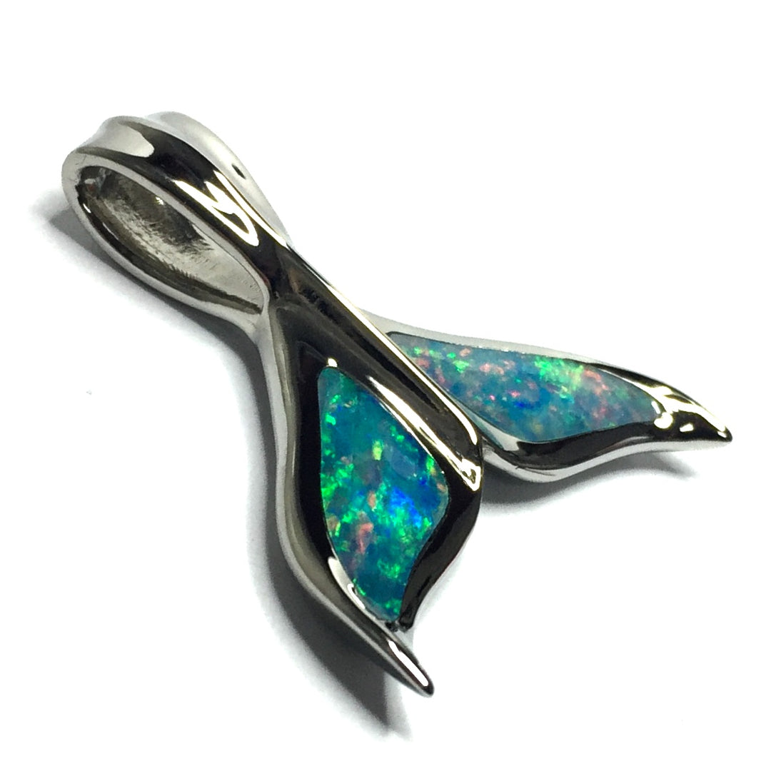 Whale Tail Necklaces natural Australian opal double side inlaid sea life pendant 14k white gold