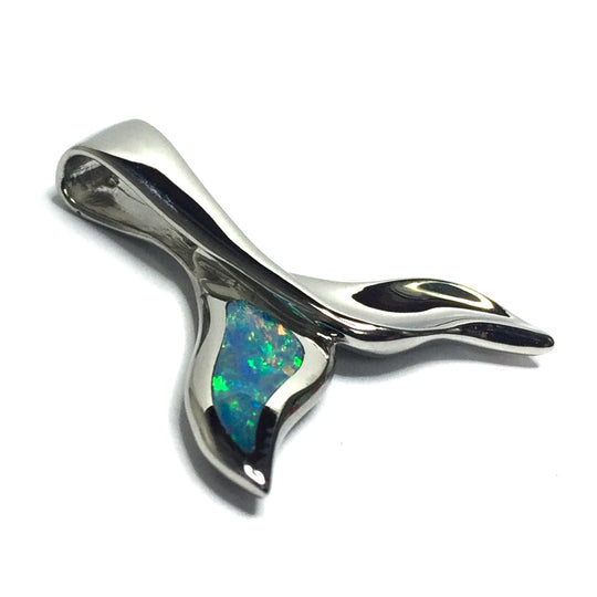 Whale tail necklaces natural opal inlaid sea life pendant made of 14k white gold
