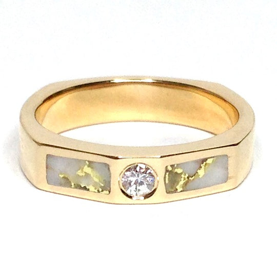 Gold Quartz Ring Double Sided Inlaid .10ct Round Diamond 14k Yellow Gold