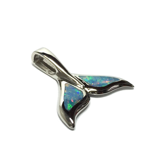 Whale tail necklaces natural opal double sided inlaid sea life pendant made of 14k white gold