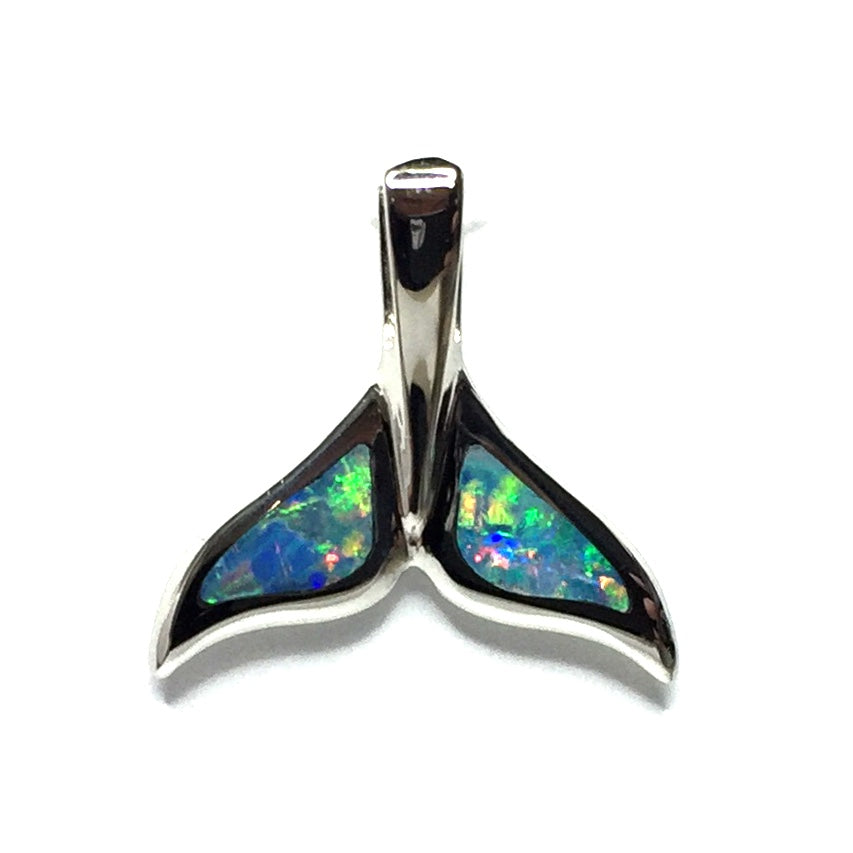 Whale tail necklaces natural opal double sided inlaid sea life pendant made of 14k white gold