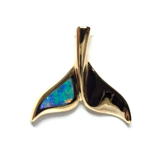 Whale tail necklace natural opal single sided inlaid sea life pendant made of 14k yellow gold