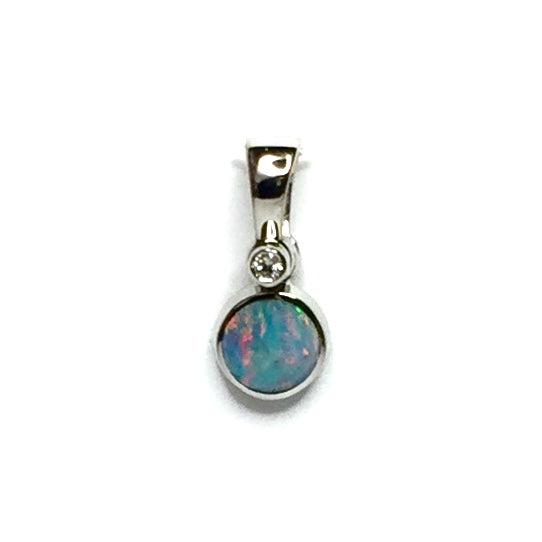 Round Natural Opal Inlay Pendant made of 14k White Gold with a .02ct Diamond