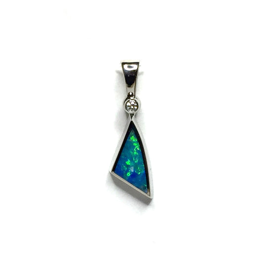 Opal Pendant Triangle Inlaid Design .02ct Round Diamond 14k White Gold