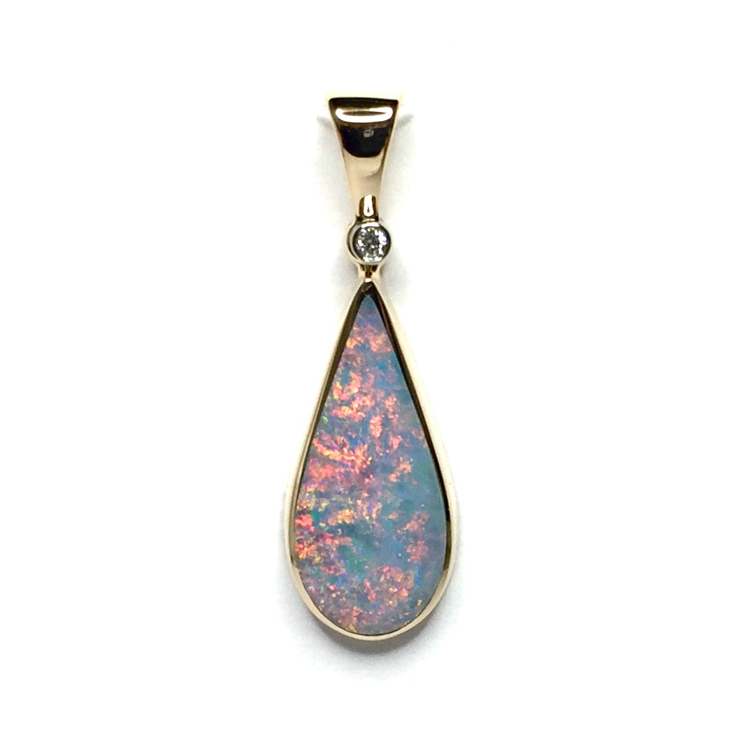Opal Pendant Tear Drop Inlaid Design .02ct Round Diamond 14k Yellow Gold