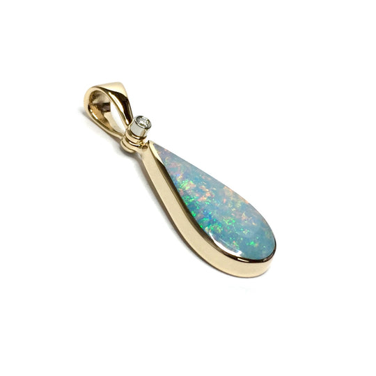 Opal Pendant Tear Drop Inlaid Design .02ct Round Diamond 14k Yellow Gold