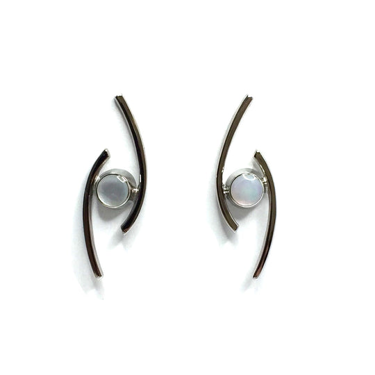 Mother Of Pearl Round Inlaid Double Curved Bar Earrings
