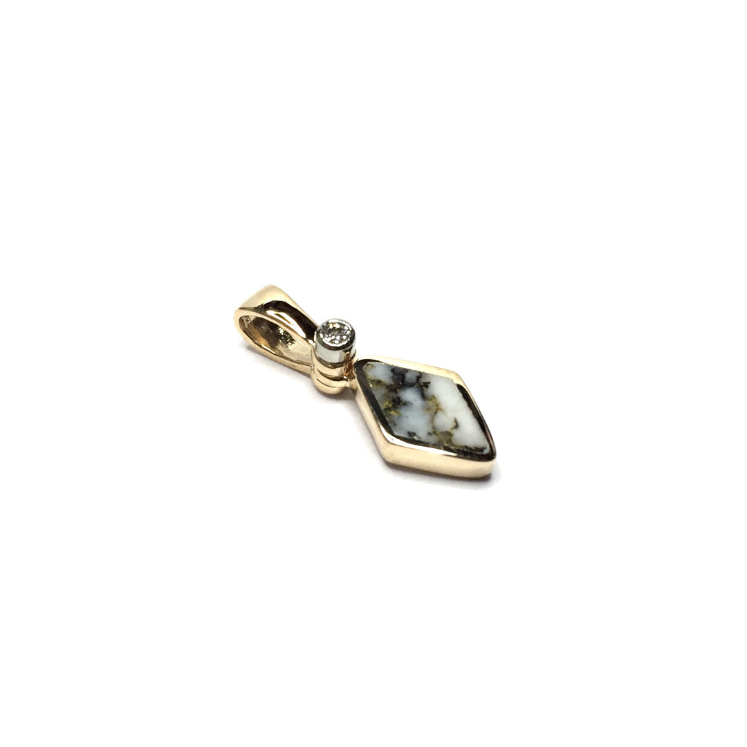 Gold Quartz Necklace Kite Shape Inlaid Pendant Made of 14k Yellow Gold with a single .02ct Diamond