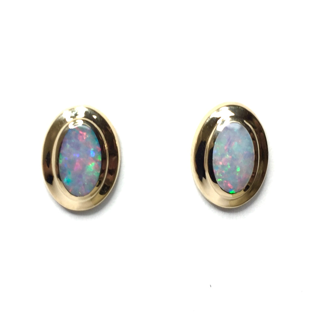 Opal Earrings Oval Inlaid Design Studs 14k Yellow Gold