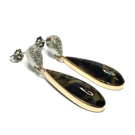 Natural pietersite inlaid tear drop shape .22ctw diamond earrings