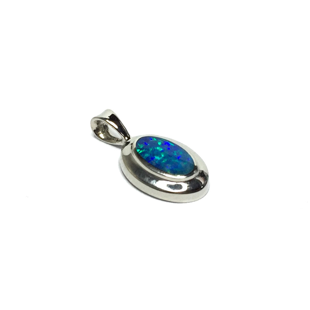 Opal Pendant Oval Inlaid Design 14k White Gold