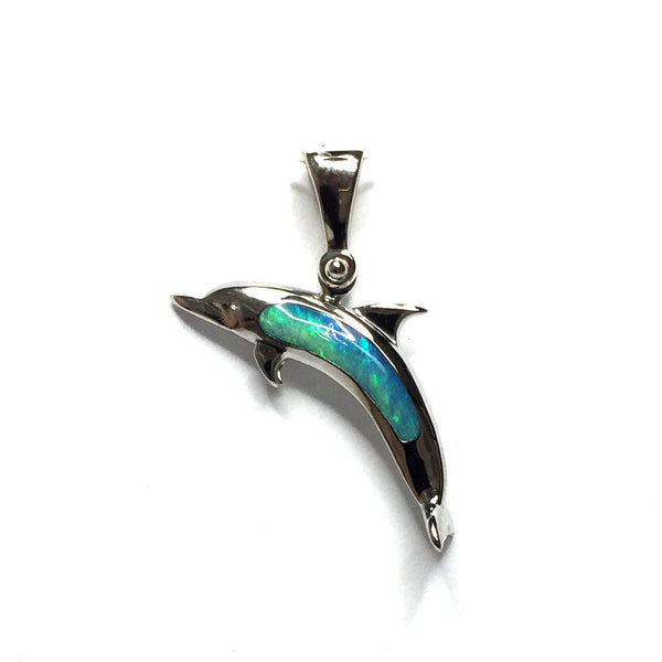 Opal Pendant Inlaid Sea Life Dolphin Design 14k White Gold