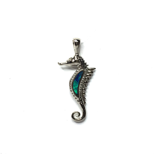 Opal pendant inlaid realistic design sea horse 14k white gold