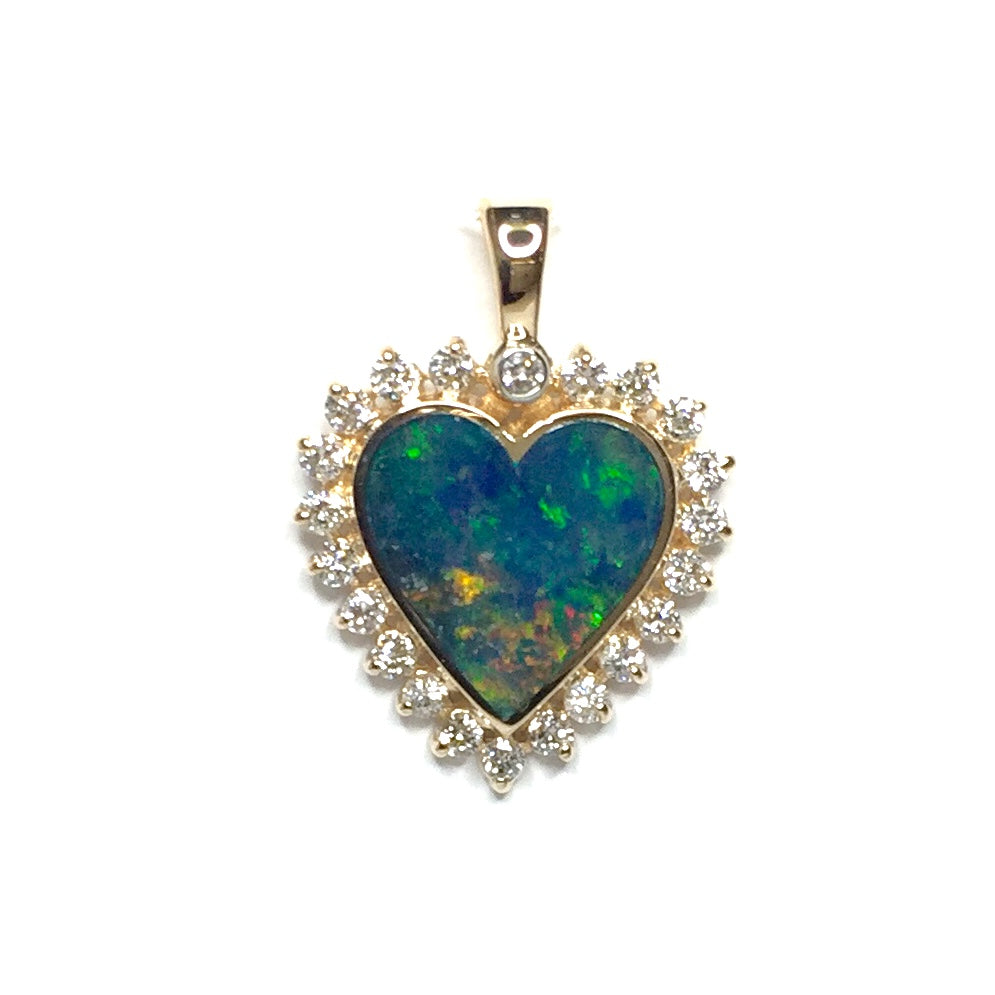Opal Pendant Heart Shape Inlaid Design .55ctw Round Diamonds Halo 14k Yellow Gold