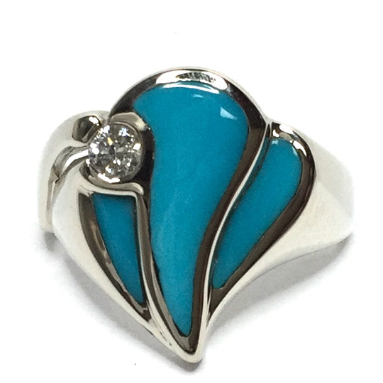 Sleeping Beauty Turquoise 3 Section Inlaid .11Ctw Diamond Ladies Ring