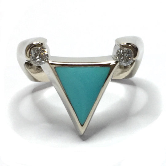 Sleeping Beauty Turquoise Triangle Shape Inlaid .14Ctw Diamond Ladies Ring