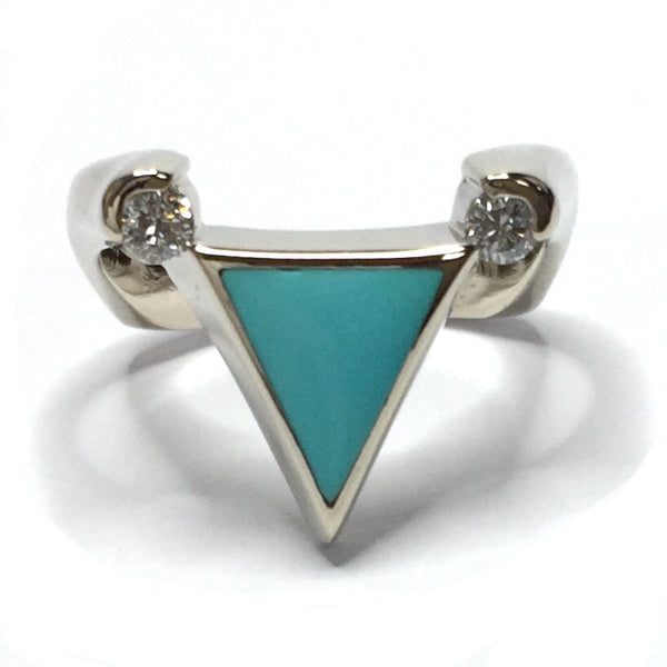 Sleeping Beauty Turquoise Triangle Shape Inlaid .14Ctw Diamond Ladies Ring