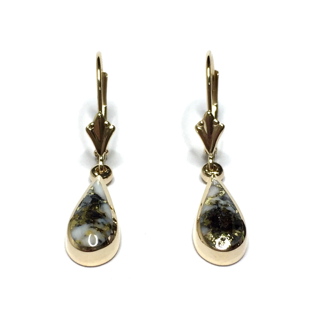 Gold Quartz Earrings All Natural Tear Drop Inlaid 14k Yellow Gold Lever Backs