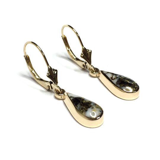 Gold Quartz Earrings All Natural Tear Drop Inlaid 14k Yellow Gold Lever Backs
