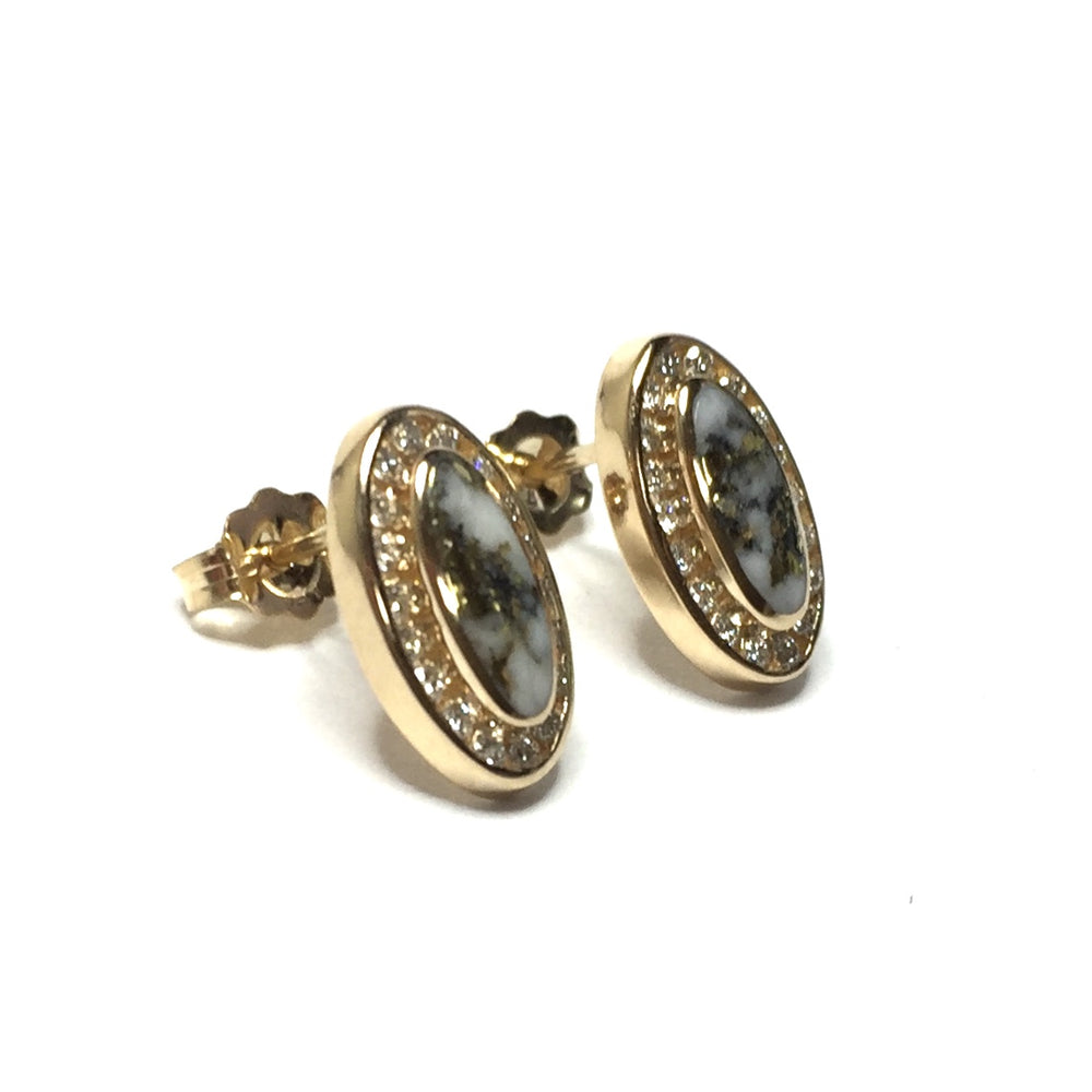 Gold Quartz earrings oval inlaid .25ctw round diamonds halo 14k yellow gold
