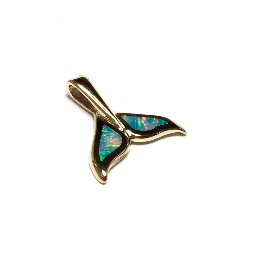 Whale tail necklaces natural opal double sided inlaid sea life pendant made of 14k yellow gold