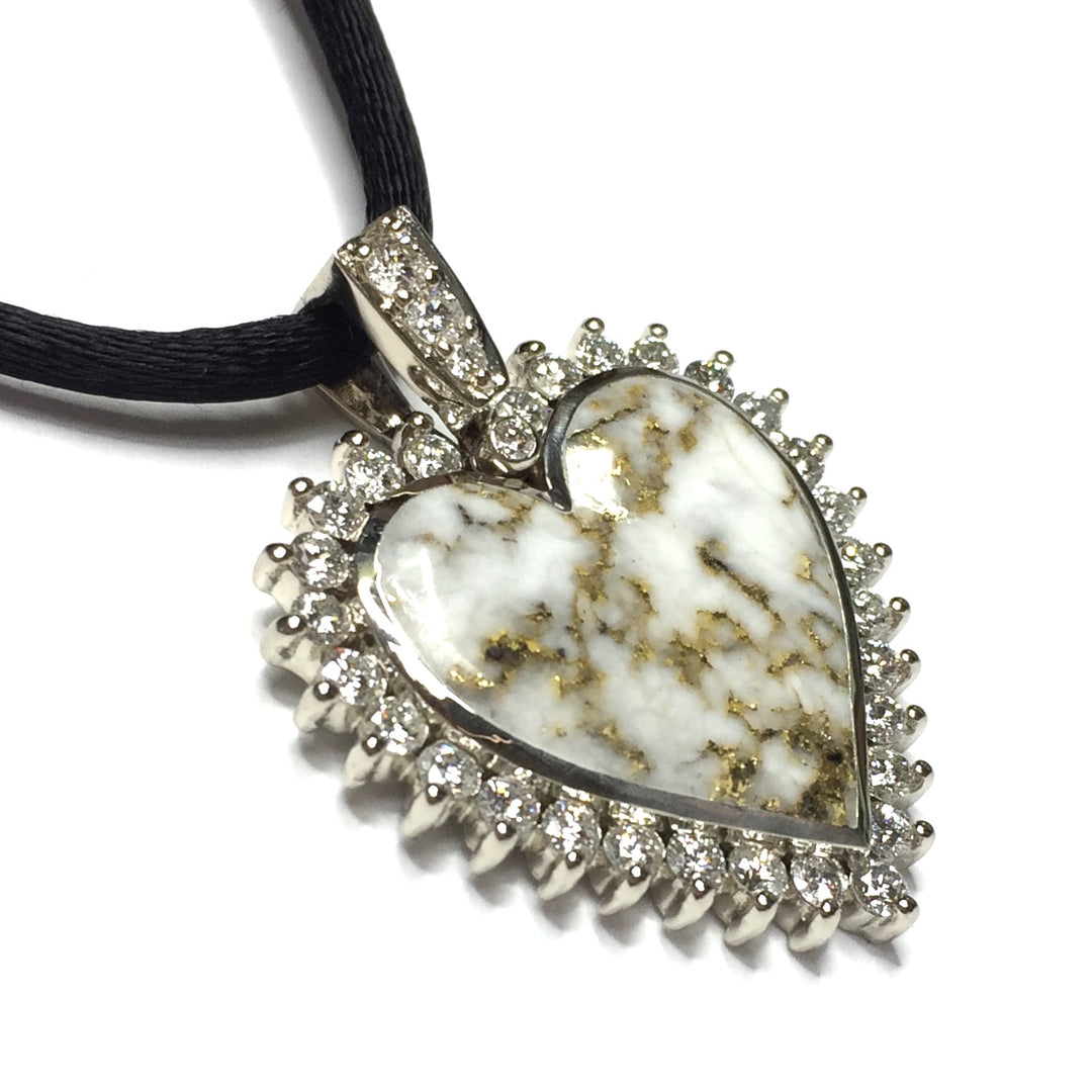 Gold Quartz Necklace Heart Shape Inlaid Pendant Made of 14k white Gold with 1.54ctw diamond halo design