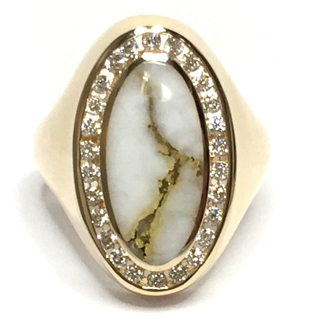 Gold quartz ring oval inlaid .36ctw round diamonds halo 14k yellow gold