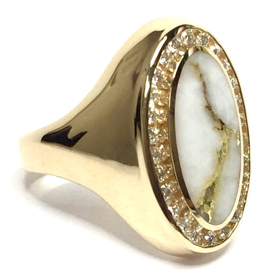 Gold quartz ring oval inlaid .36ctw round diamonds halo 14k yellow gold