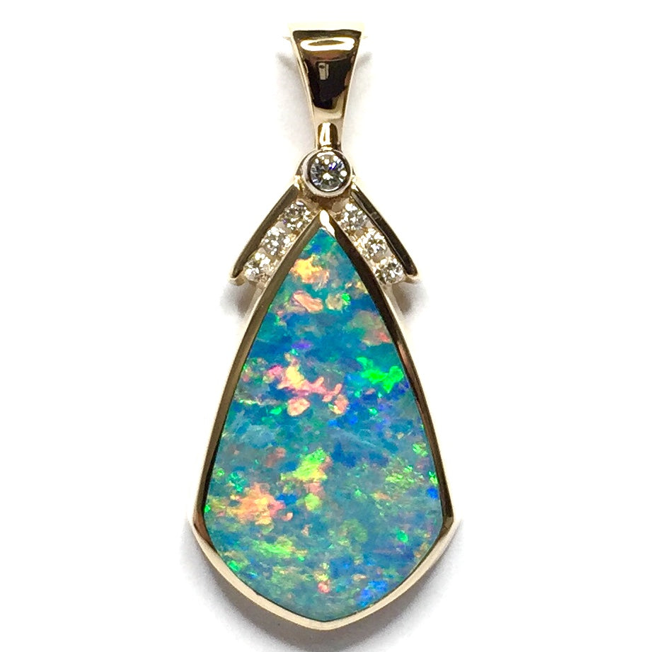 Natural Australian Opal Pendant Tear Drop Inlaid Design .15ctw Round Diamonds 14k Yellow Gold